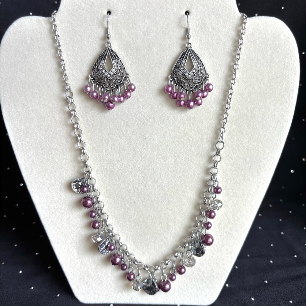 Silver Filigree Necklace & Earring Set with Purple Pearls